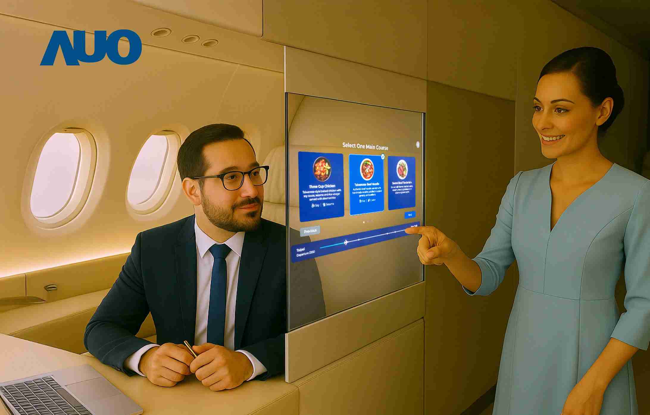 MG电玩研发全球最薄17.3 吋双面透明 Micro LED 显示器，，，，可在同一屏幕之双边投射不同信息，，创造独特的”透明化”互动；图为实时翻译交流应用情境